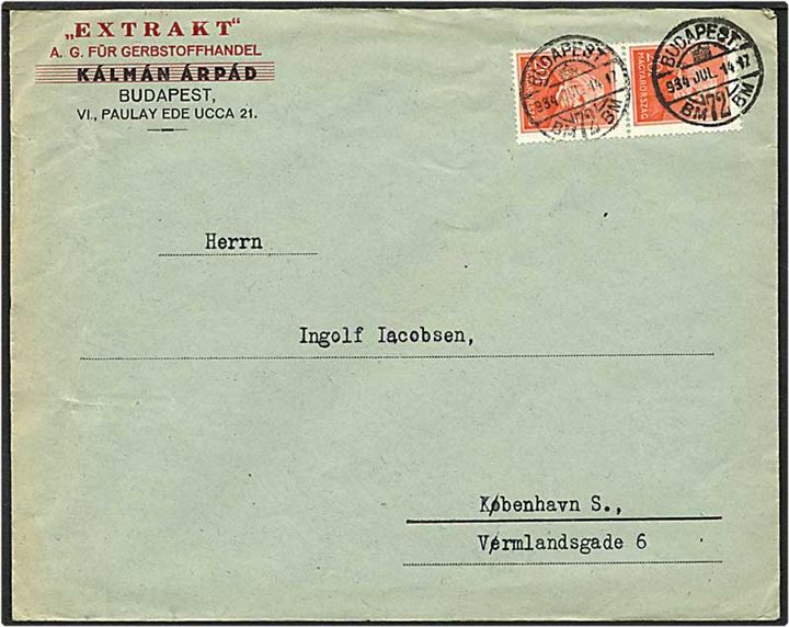 20 filler rød på brev fra Budapest, Ungarn, d. 14.7.1934 til København.
