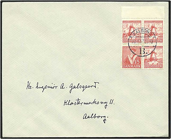 15 øre rød Hans Tavsen samt 15+5 øre rød Dybbøl Mølle på lokalt sendt brev fra Aalborg d. 20.1.1937.