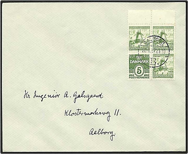 5 øre grøn bølgelinie og 5+5 grøn Dybbøl Mølle på lokalt sendt brev fra Aalborg d. 20.1.1937.