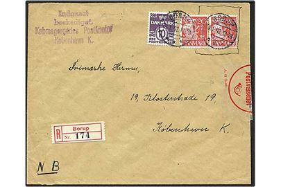 10 øre violet bølgelinie og 20 øre rød karavel på Rec. brev fra Borup d. 14.1.1942 til København. Indgået beskadigt og lukket af postvæsenet.