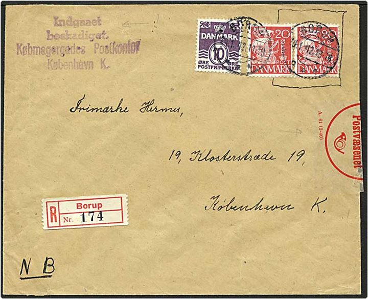 10 øre violet bølgelinie og 20 øre rød karavel på Rec. brev fra Borup d. 14.1.1942 til København. Indgået beskadigt og lukket af postvæsenet.