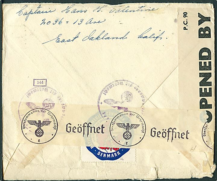5 cents frankeret brev fra Oakland d. 6.1.1941 til København, Danmark. På bagsiden patriotisk mærkat fra National America Denmark Association * Denmark *-mærkat. Åbnet af britisk og tysk censur.