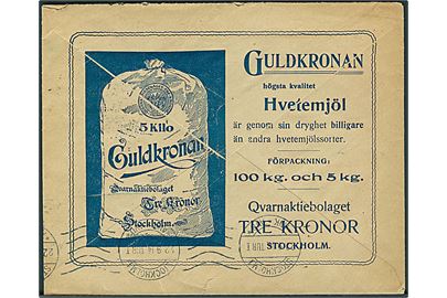 5 öre Gustaf single på fortrykt illustreret firmakuvert fra Qvarnaktiebolaget Tre Kroner sendt lokalt i Stockholm d. 21.9.1914.