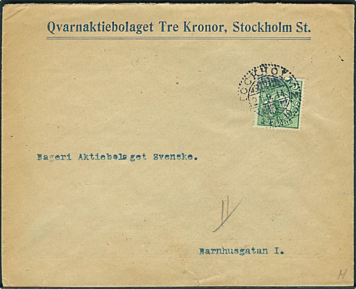 5 öre Gustaf single på fortrykt illustreret firmakuvert fra Qvarnaktiebolaget Tre Kroner sendt lokalt i Stockholm d. 21.9.1914.