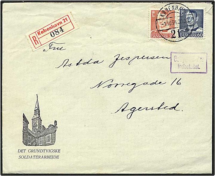 30 øre rød og 60 øre mørkeblå Fr. IX på Rec. brev fra København den 1.10.1954 til Agersted. Rammestempel med gebyr indbefattet.