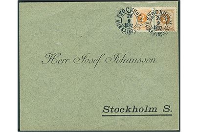 2 öre og 3 öre Ciffer på lokalbrev annulleret med særstempel Stockholm Allm.o Ind.Utst. d. 26.9.1897.