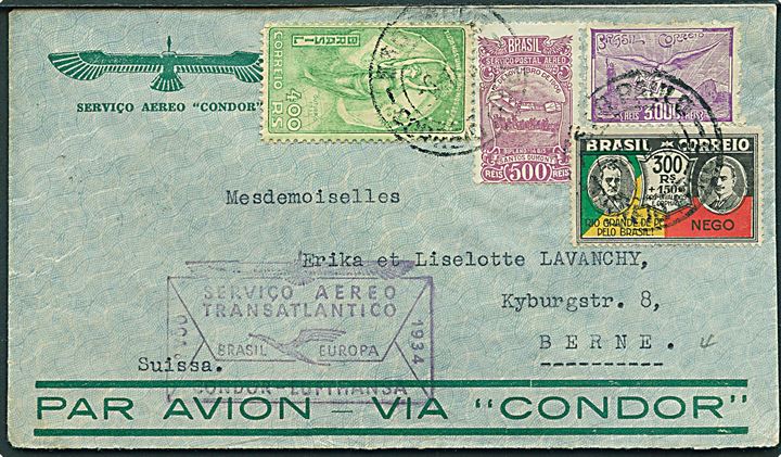 4$200 reis blandingsfrankeret luftpostbrev fra Sao Paulo d. 6.2.1934 via Stuttgart til Bern, Schweiz. Condor-Lufthansa flyvningsstempel og på bagsiden stemplet: Stuttgart * Deutsche Luftpost Südamerika-Europa * d. 12.2.1934.