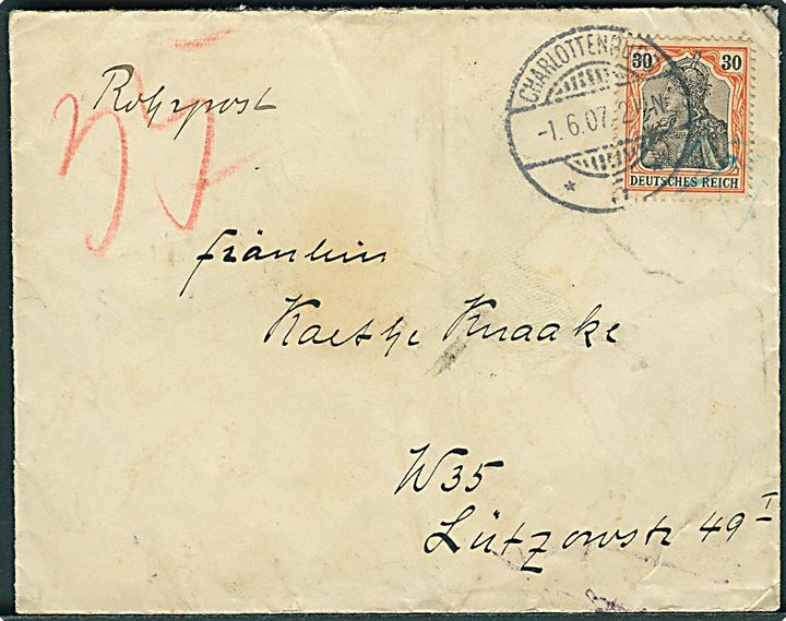 30 pfg. Germania på frankeret lokalt rørpostbrev i Berlin d. 1.6.1907. Bagklap mgl.