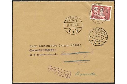 30 øre rød sølvbryllup på brev fra Brande d. 10.4.1961 til Ringsted. Brevet er omadresseret til Mariager og derefter returneret.