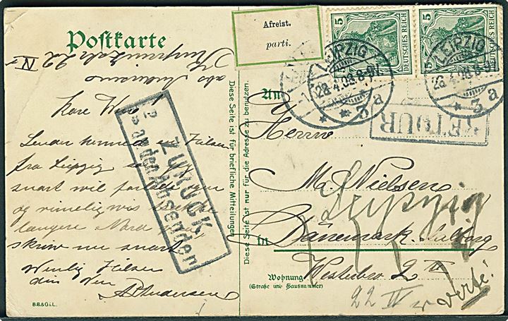 5 pfg. Germania i parstykke på brevkort fra Leipzig d. 28.4.1908 til Aalborg, Danmark. Retur med bl.a. 2-sproget etiket Afreist / parti.