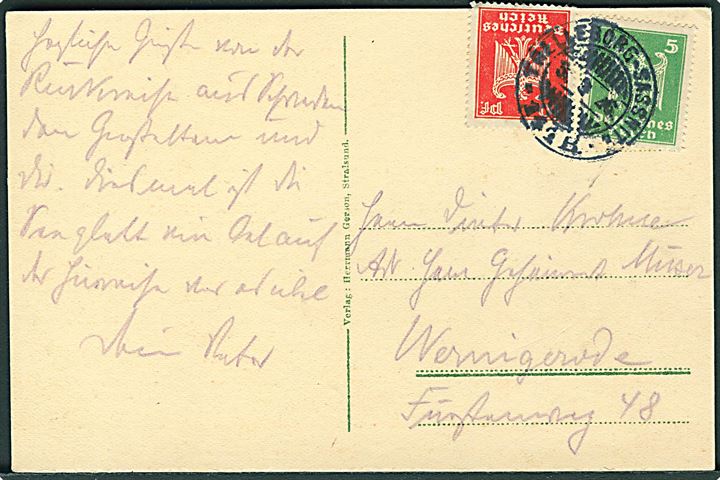 Tysk 5 pfg. og 10 pfg. Adler på brevkort (Jernbanefærgen Deutschland) annulleret med svensk sejlende bureaustempel Trelleborg - Sassnitz 141 B d. 3.9.1926 til Wernigerode, Tyskland.