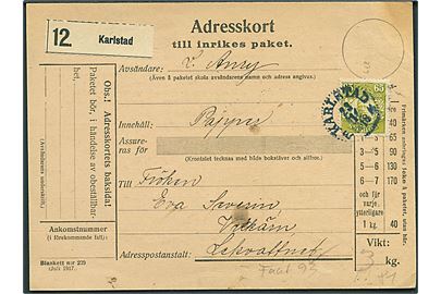 65 öre Gustaf single på adressekort for pakke fra Karlstad d. 23.11.1918 til Lekvattnet.