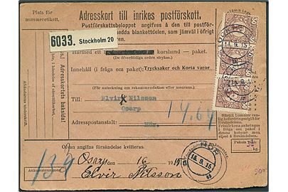 30 öre Gustaf (3) på adressekort for pakke med opkrævning fra Stockholm d. 14.9.1915 til Hör.
