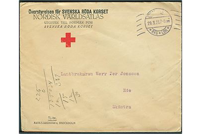 Fortrykt Svenska Röda Korset kuvert sendt ufrankeret fra Stockholm d. 29.3.1923 til Skästra.