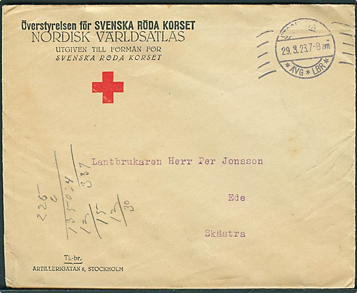 Fortrykt Svenska Röda Korset kuvert sendt ufrankeret fra Stockholm d. 29.3.1923 til Skästra.