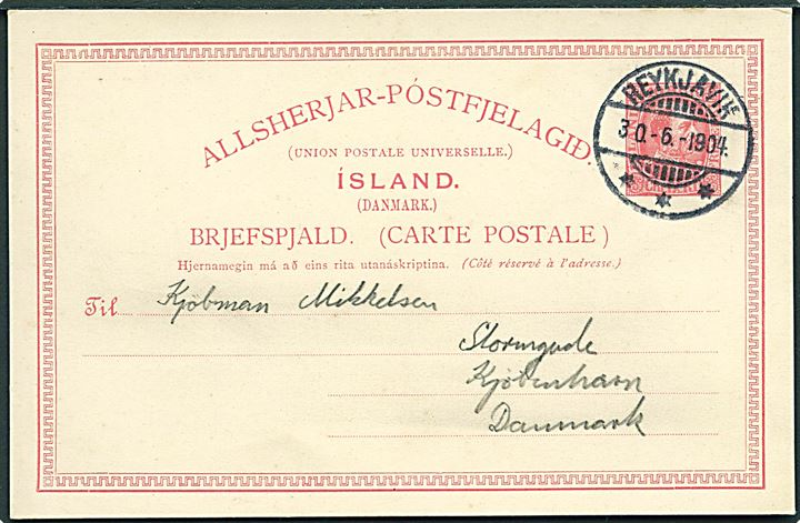 10 aur Chr. IX helsagsbrevkort fra Reykjavik d. 30.6.1904 til Kjøbenhavn, Danmark.