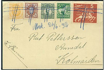 5 öre UPU Jubilæum og andre på brev annulleret med blåkridt d. 26.6.1932 til Kolmården.