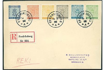Komplet sæt Frimærkejubilæum på anbefalet brevkort stemplet Frederiksberg d. 19.5.1956 til København.