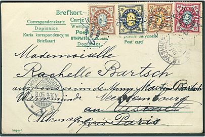 1 öre, 2 öre, 3 öre og 4 öre Ciffer på 4-farve frankeret brevkort annulleret med bureaustempel PLK 331A d. 2.8.1905 til Vesinet, Frankrig - eftersendt til Warnemünde, Tyskland.