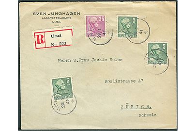 5 öre (3) og 35 öre Gustaf på anbefalet brev fra Umeå d. 29.1.1941 til Zürich, Schweiz. Uden censur, men med svensk valutakontrol oblat på bagsiden.