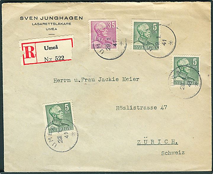5 öre (3) og 35 öre Gustaf på anbefalet brev fra Umeå d. 29.1.1941 til Zürich, Schweiz. Uden censur, men med svensk valutakontrol oblat på bagsiden.