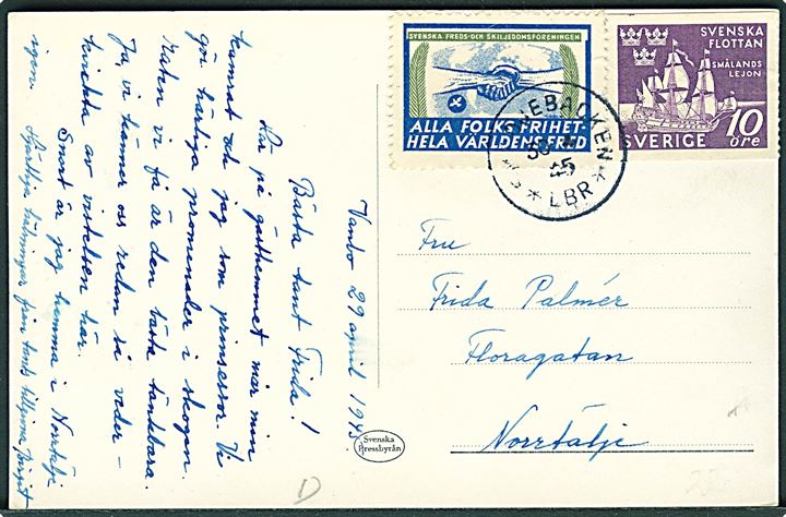 10 öre Svenska Flottan og Verdenskrfeds mærkat på brevkort fra Smedjebacken d. 30.4.1945 til Norrtälje.