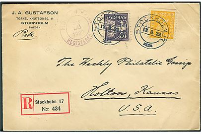 10 öre Løve og 35 öre Posthorn på anbefalet brev fra Stockholm d. 13.9.1922 til Holton, USA.