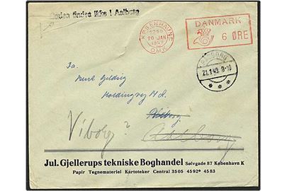 Franco stemplet brev fra København d. 20.1.1949 til Padborg. Brevet er omadresseret til Aalborg, og stemplet med Gaden findes ikke i Aalborg. Videresendt til Viborg.