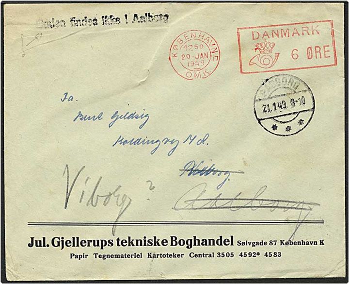 Franco stemplet brev fra København d. 20.1.1949 til Padborg. Brevet er omadresseret til Aalborg, og stemplet med Gaden findes ikke i Aalborg. Videresendt til Viborg.