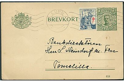 7 öre Gustaf helsagsbrevkort med anti-TB mærkat fra Lund d. 27.12.1918 til Tomelilla.