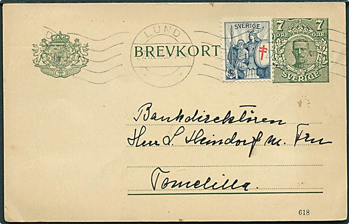 7 öre Gustaf helsagsbrevkort med anti-TB mærkat fra Lund d. 27.12.1918 til Tomelilla.