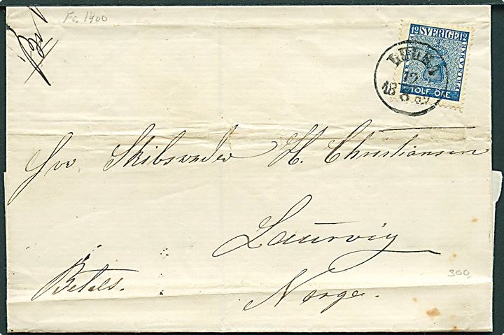 12 öre Våben på brev fra Luleå d. 12.8.1869 til Laurvig, Norge. Folder.
