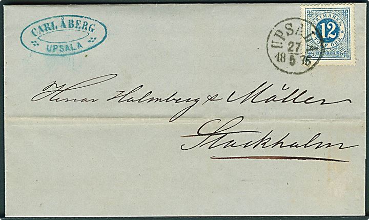 12 öre Ringtype på brev fra Upsala d. 27.5.1876 til Stockholm.