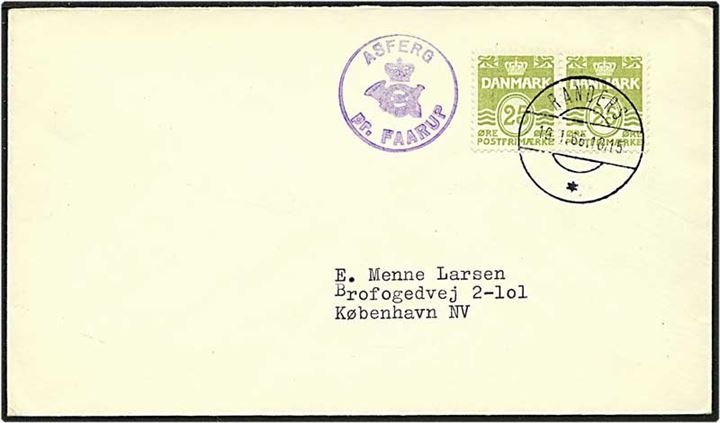 25 øre lysegrøn bølgelinie på brev fra Asferg d. 19.1.1966 til København. Asferg / pr. Faarup posthornsstempel.