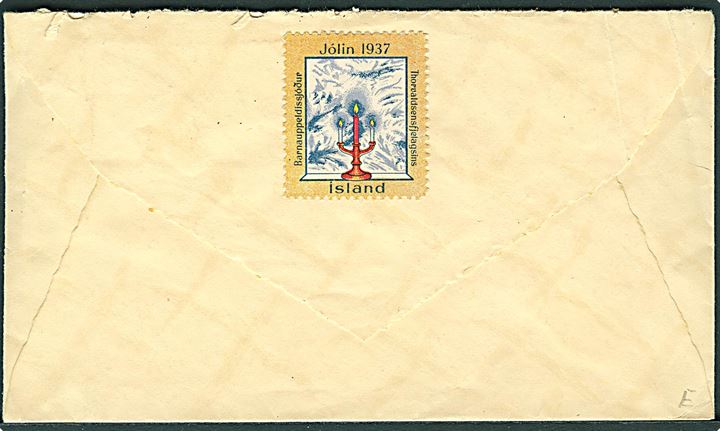 3 aur (2) og 7 aur (2) Jochumsson på brev fra Reykjavik d. 15.12.1937 til København, Danmark. På bagsiden ustemplet Thorvaldsenforening Julemærke 1937.