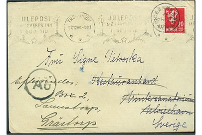 20 øre Løve på brev fra Trondheim d. 17.12.1944 til Ulricehamn, Sverige - eftersendt. Passér stemplet Ao ved den tyske censur i Oslo.