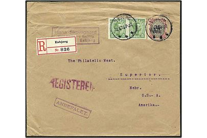 5 øre grøn Chr. X og 35/20 øre karmin/grå provisorie, rundt hjørne øverst til højre, på Rec. brev fra Esbjerg d. 16.5.1916 til USA.