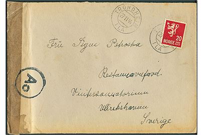 20 øre Løve på brev fra Trondheim d. 27.11.1944 til Ulricehamn, Sverige. Åbnet af tysk censur i Oslo med neutral brun banderole stemplet Ao.