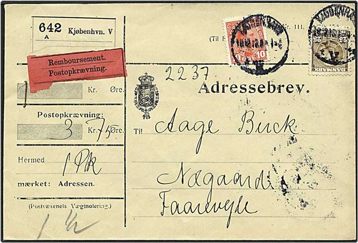 10 øre rød Chr. X og 25 øre sepiabrun Chr. IX på adressebrev fra København d. 18.12.1916 til Faarevejle.