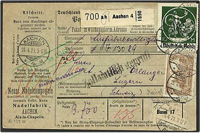 160 mark på adressekort fra Aachen, Tyskland, d. 26.4.1921 til Luzern, Schweiz.