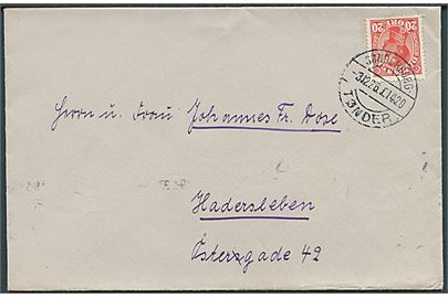 20 øre Chr. X på brev annulleret med bureaustempel Sønderborg - Tønder . T.1420 (1 prik efter Tønder) d. 3.12.1926 til Haderslev. 