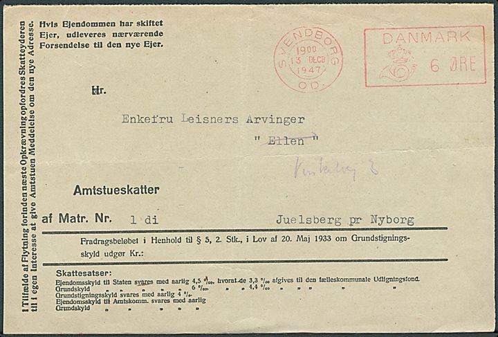 6 øre særligt Posthusfranko Svendborg OD d. 13.12. 1947 på tryksag fra Svendborg til Nyborg. Posthus-frankostempel benyttet i Odense til stempling af masse-forsendelser indleveret i Svendborg. Sjældent stempel.