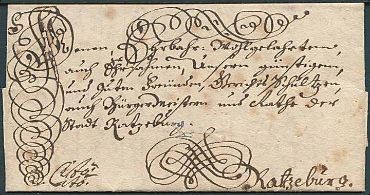 1698. Lokalt brev i Ratzeburg dateret d. 18.11.1698 med påtegning: Cito, Cito. Fuldt indhold. Meget dekorativ.