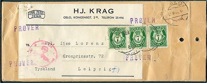 7 øre Posthorn i 3-stribe på prøvekuvert mærket Prøver fra Oslo d. 12.10.1943 til Leipzig, Tyskland. Tysk censur fra Berlin. Dekorativ forsendelse.