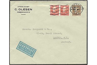 20 øre rød og 25 øre brun Chr. X på luftpost brev fra København d. 25.5.1946 til London, England. Mærkerne med perfin C51 - C. Olesen.