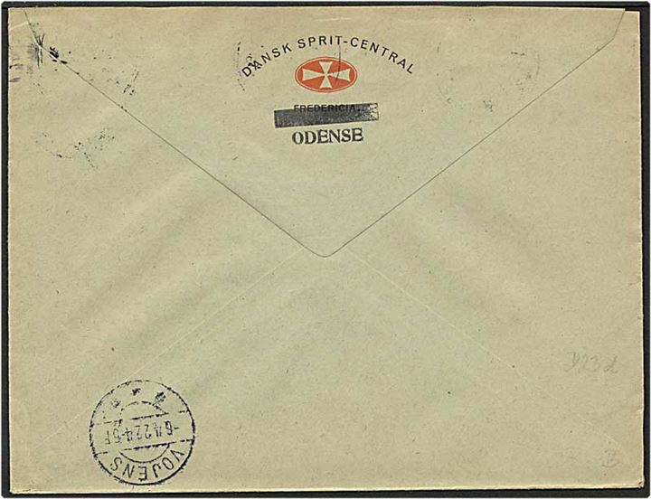 20 øre brun Chr. X på brev fra Odense d. 5.4.1922 til Vojens. Mærket med perfin D23d - Dansk Sprit-Central.