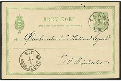 5 øre grøn våbentype enkeltbrevkort fra Taars d. 5.7.1889 til Brønderslev. Taars lapidarstempel.