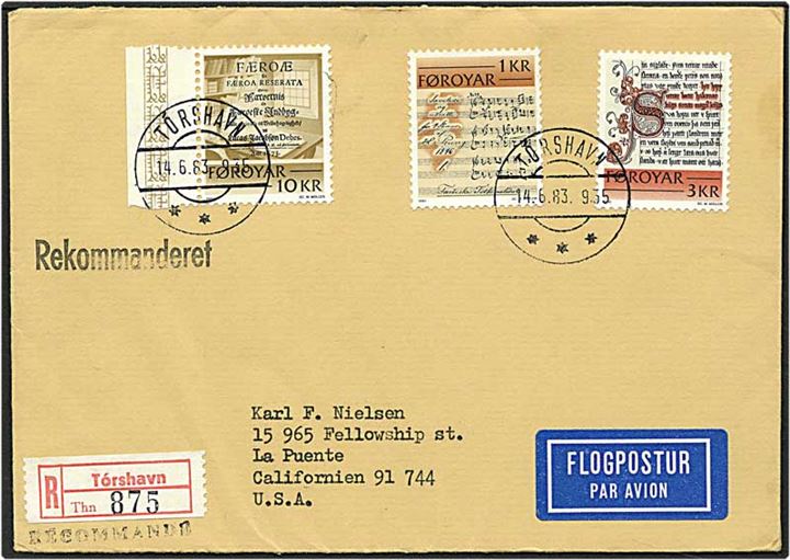 14 kr. porto på Rec. brev fra Tórshavn d. 14.6.1983 til La Puente, USA.