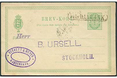 5 øre Våben helsagsbrevkort fra Kjøbenhavn d. 11.12.1892 annulleret med svensk skibsstempel Från Danmark til Stockholm, Sverige.