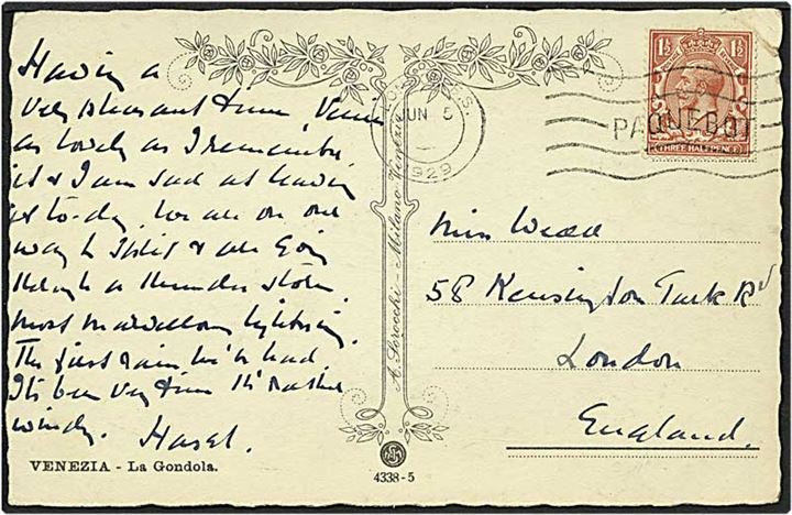 1½ penny brun på postkort fra Venedi d. 5.6.1929 til London, England. Postkortet stemplet med paquebot.